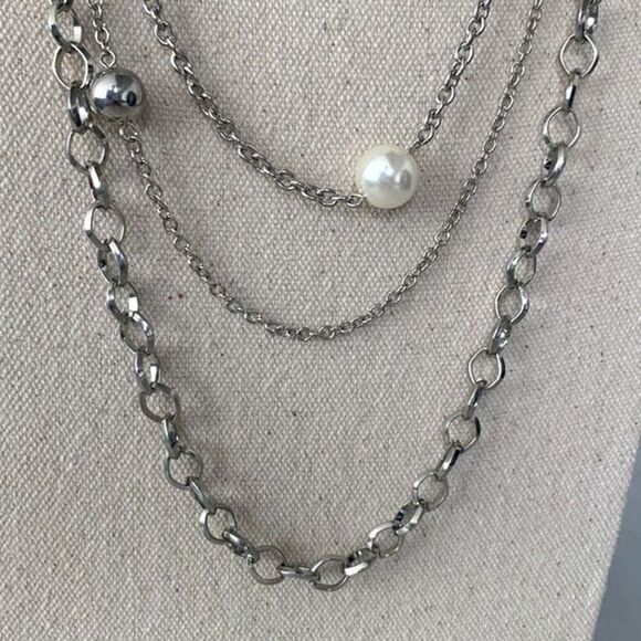 Long Silver & Faux Pearl Necklace – Multi-Strand Art Deco Flapper Style - Picture 3 of 6